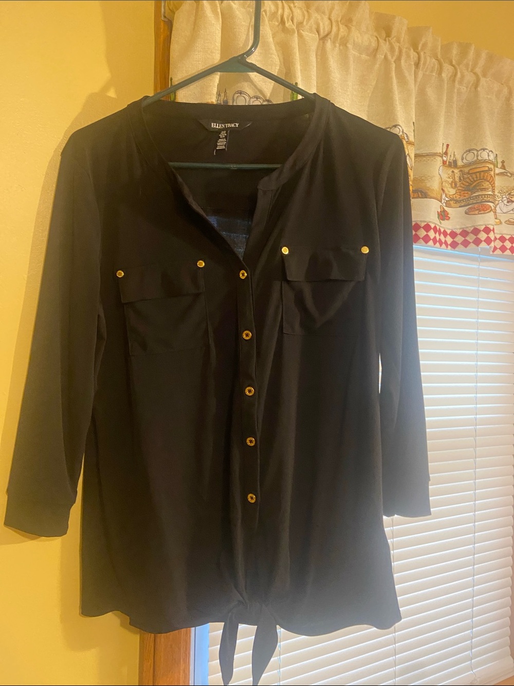 Black Button-Front Tie-Hem Blouse